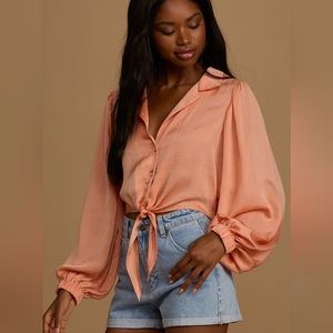 Lulu's Make Time For You Coral Orange Satin Long Sleeve Tie-Front Top Size Med